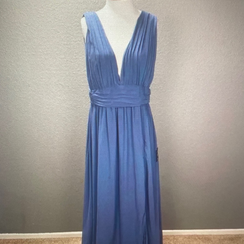 Lulu's Dusty Blue Deep V Pleated Maxi Dress
